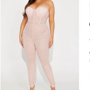 Light Blush Rhinestone Jumpsuit Strapless Sparkle Zipper Sheer Padded Corset